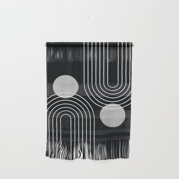 Mid Century Modern Geometric 109 in Black and White (Rainbow and Sun Abstraction) Wall Hanging Gallery Image 1