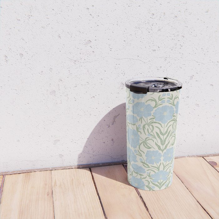 Retro boho flowers - light blue peonies -pastel floral block print Travel Mug Gallery Image 4