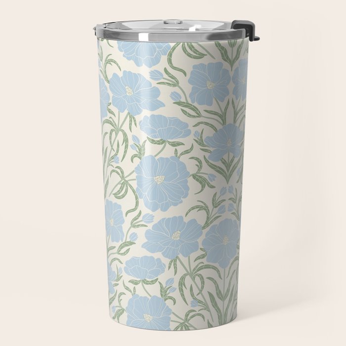 Retro boho flowers - light blue peonies -pastel floral block print Travel Mug Gallery Image 2