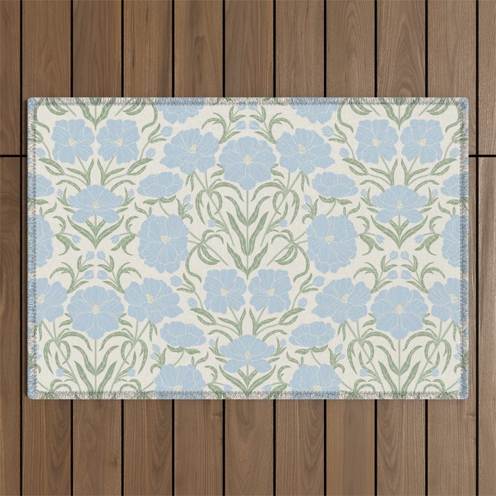 Retro boho flowers - light blue peonies -pastel floral block print Outdoor Rug Gallery Image 1