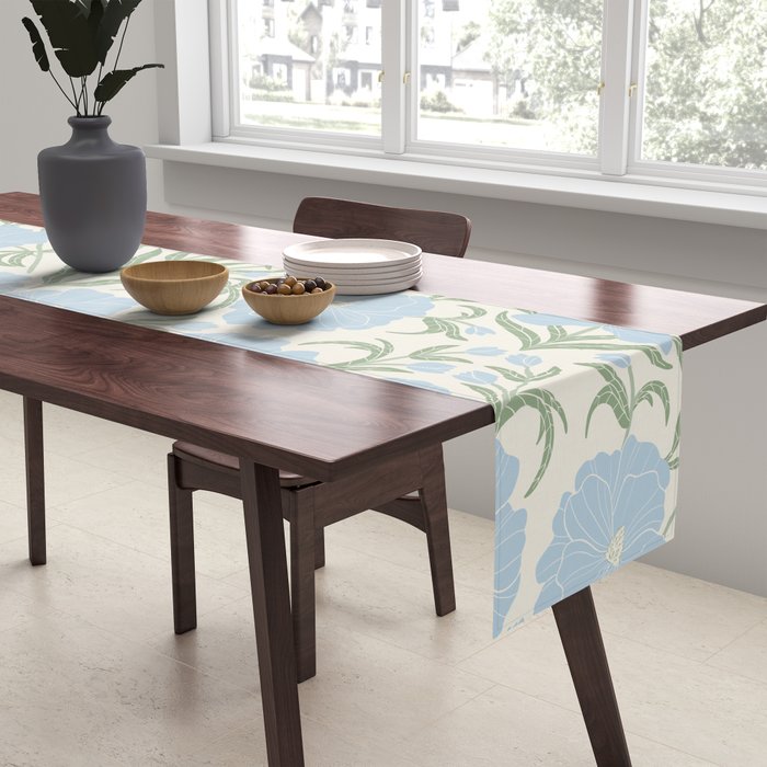 Retro boho flowers - light blue peonies -pastel floral block print Table Runner Gallery Image 2