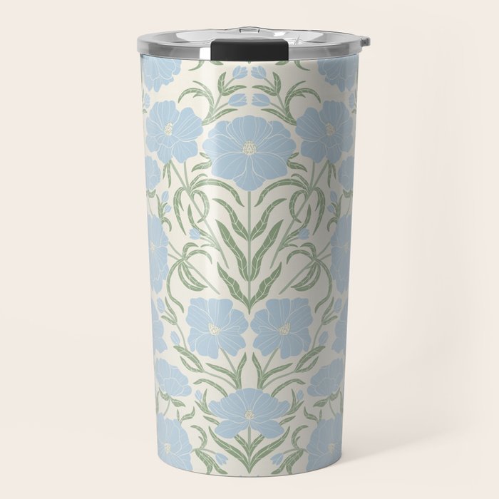 Retro boho flowers - light blue peonies -pastel floral block print Travel Mug Gallery Image 1