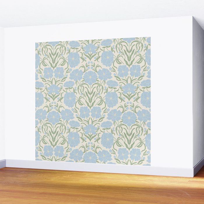 Retro boho flowers - light blue peonies -pastel floral block print Wall Mural Gallery Image 2