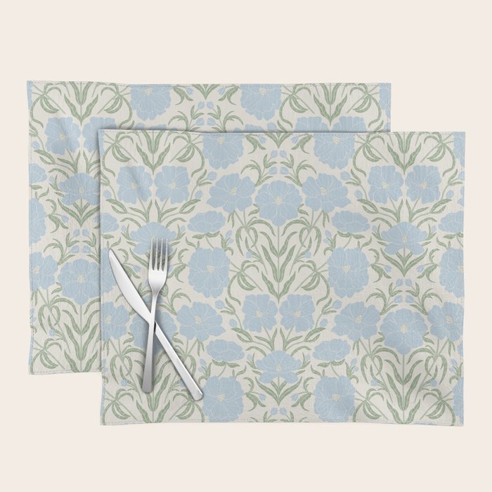 Retro boho flowers - light blue peonies -pastel floral block print Placemat Gallery Image 1
