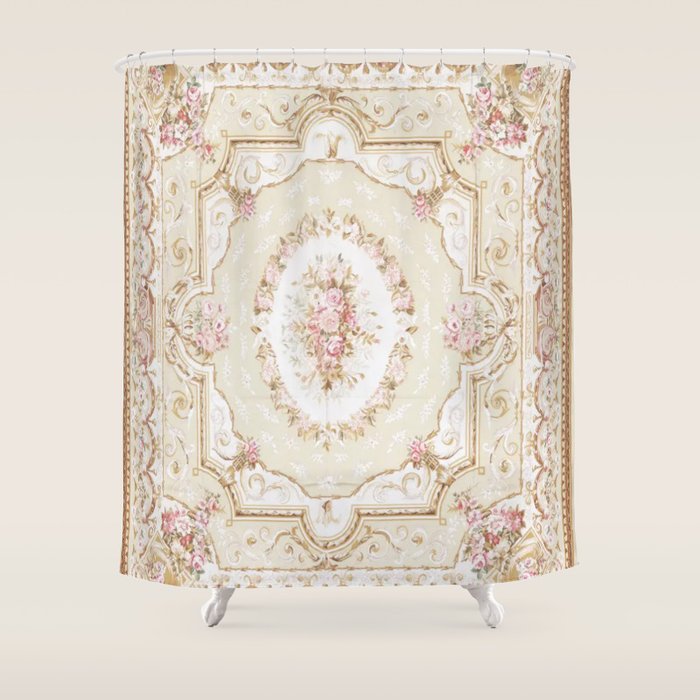 Antique French 19th Century Aubusson Rose Floral Shower Curtain Gallery Image 1