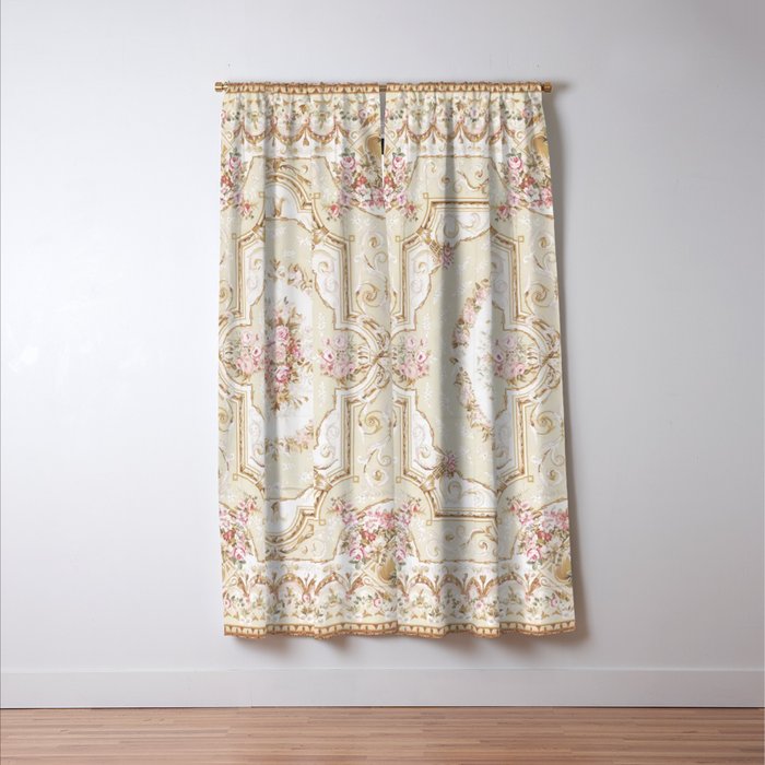 Antique French 19th Century Aubusson Rose Floral Window Curtain Gallery Image 3