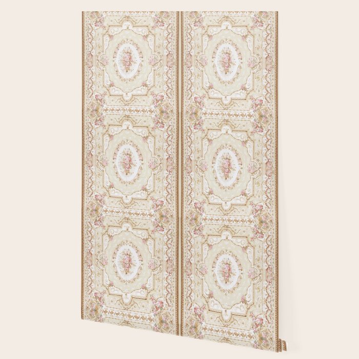 Antique French 19th Century Aubusson Rose Floral Wallpaper Gallery Image 2