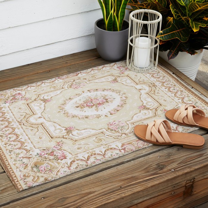 Antique French 19th Century Aubusson Rose Floral Outdoor Rug Gallery Image 2