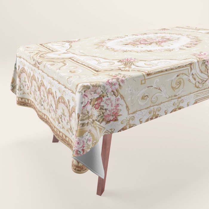 Antique French 19th Century Aubusson Rose Floral Tablecloth Gallery Image 1