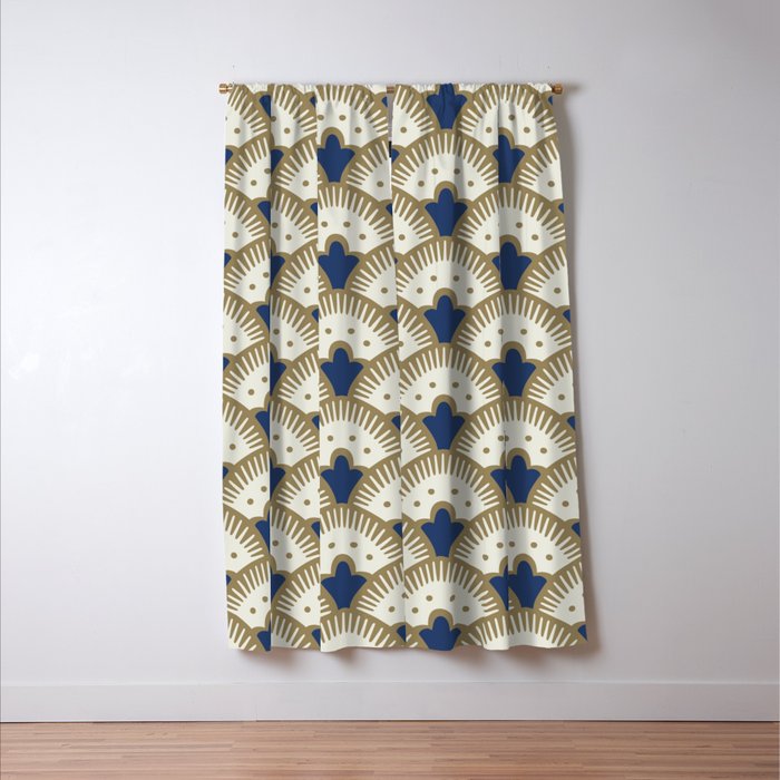 Art Deco Fan Pattern Blue and Gold Window Curtain Gallery Image 3