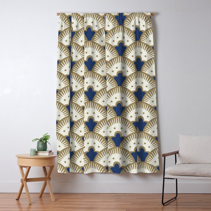 Art Deco Fan Pattern Blue and Gold Window Curtain Gallery Image 5