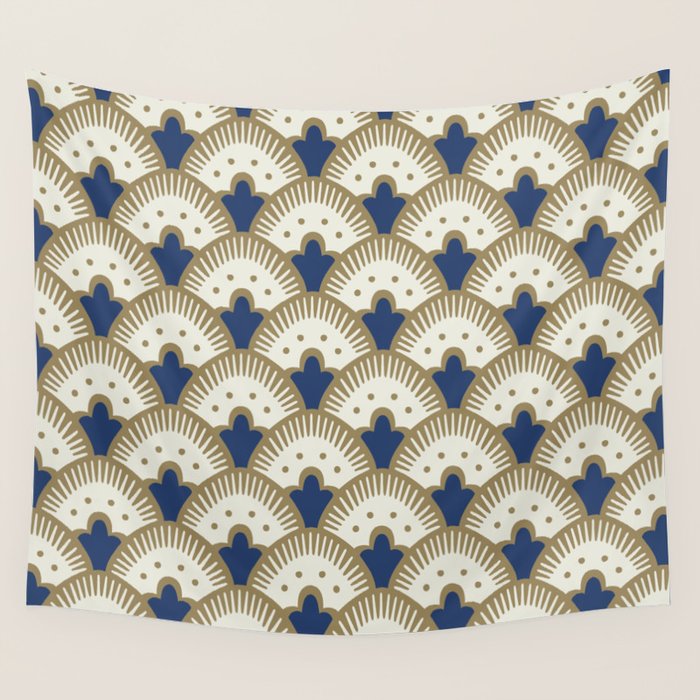 Art Deco Fan Pattern Blue and Gold Wall Tapestry Gallery Image 4