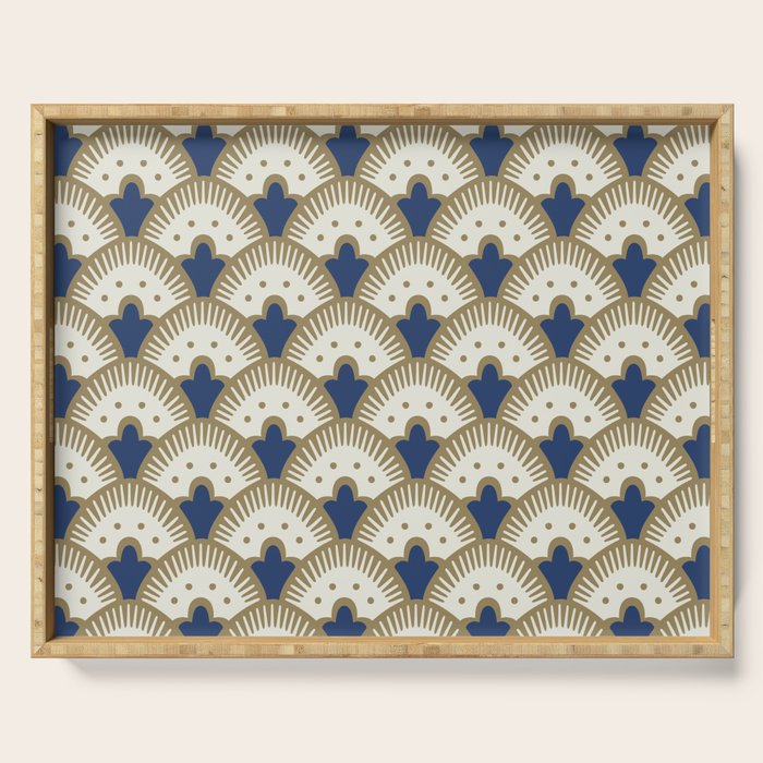Art Deco Fan Pattern Blue and Gold Serving Tray Gallery Image 1