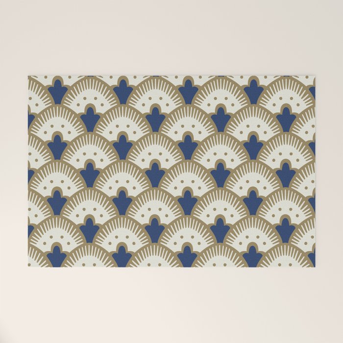 Art Deco Fan Pattern Blue and Gold Welcome Mat Gallery Image 1