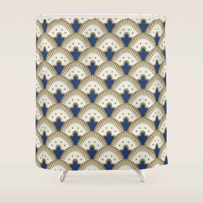 Art Deco Fan Pattern Blue and Gold Shower Curtain Gallery Image 1