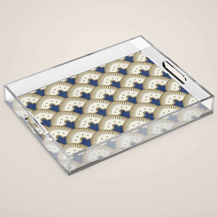 Art Deco Fan Pattern Blue and Gold Acrylic Tray Gallery Image 1