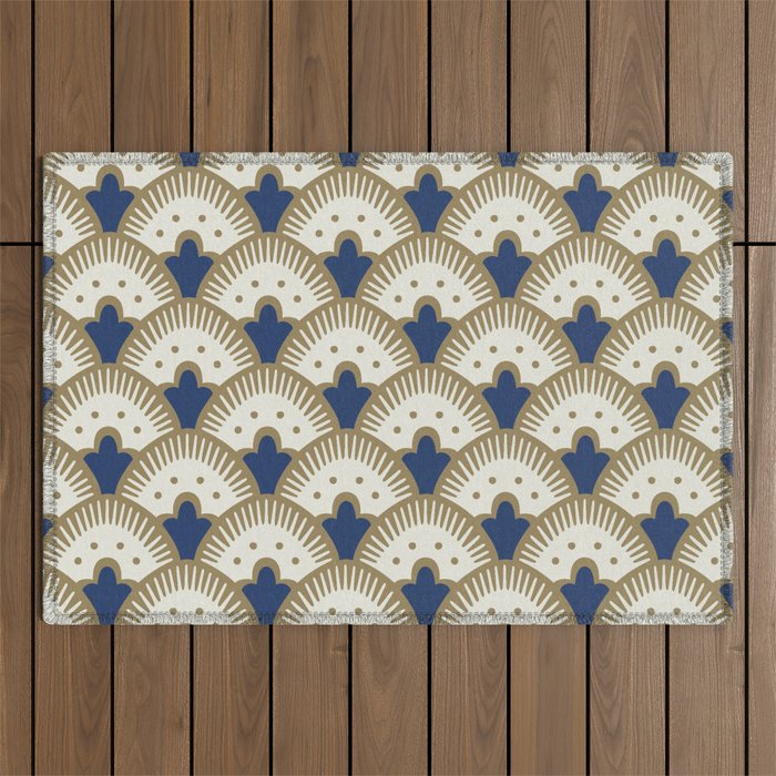 Art Deco Fan Pattern Blue and Gold Outdoor Rug Gallery Image 1