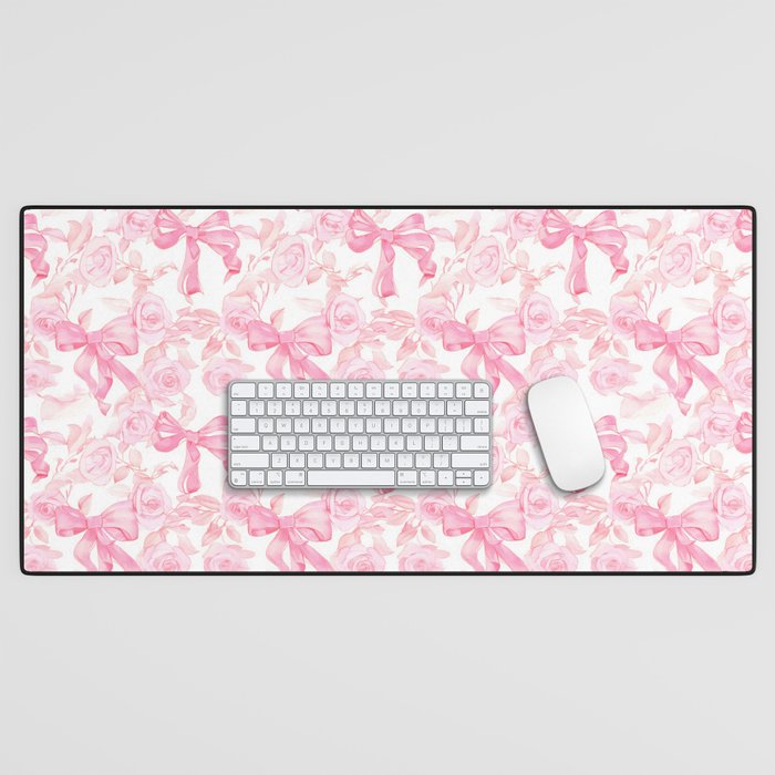 Pink bows and roses garden coquette aesthetic Desk Mat Gallery Image 1