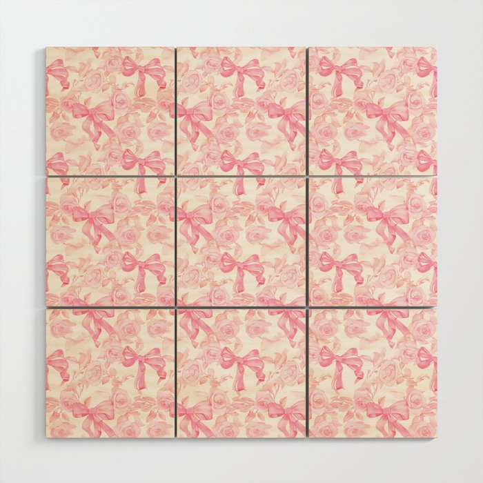 Pink bows and roses garden coquette aesthetic Wood Wall Art Gallery Image 1
