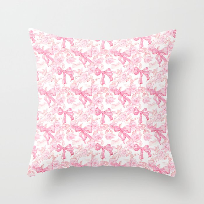 Pink bows and roses garden coquette aesthetic Throw Pillow Gallery Image 6