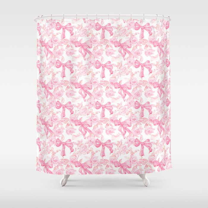 Pink bows and roses garden coquette aesthetic Shower Curtain Gallery Image 1