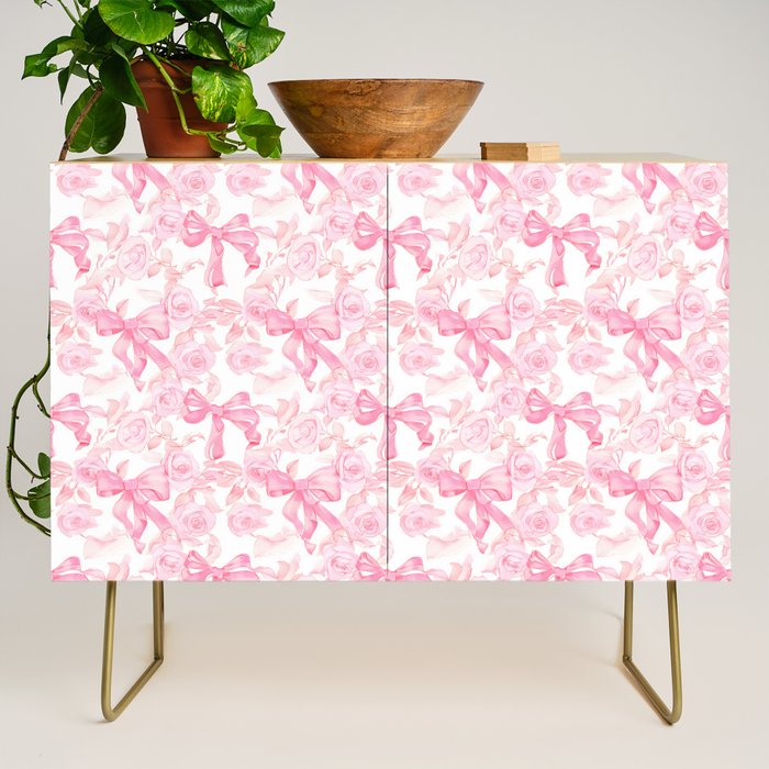 Pink bows and roses garden coquette aesthetic Credenza Gallery Image 1