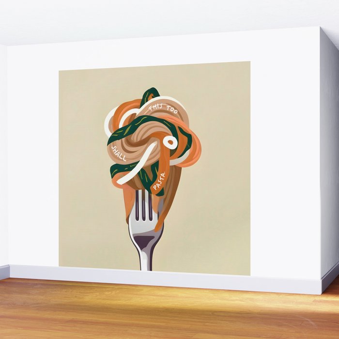 This Too Shall Pasta | Funny Quote Positivity Food Typography, Italian Illustration Noodles Growth Mindset Pastel Painting Wall Mural Gallery Image 2