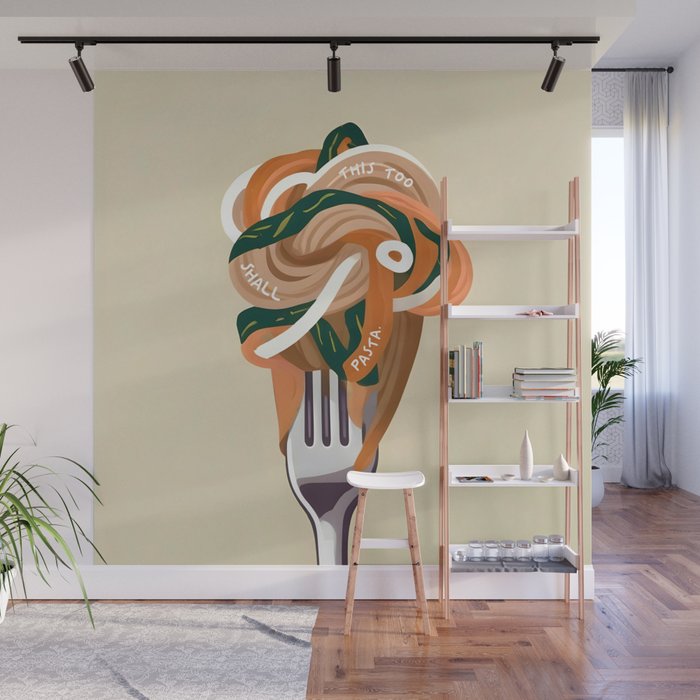 This Too Shall Pasta | Funny Quote Positivity Food Typography, Italian Illustration Noodles Growth Mindset Pastel Painting Wall Mural Gallery Image 1