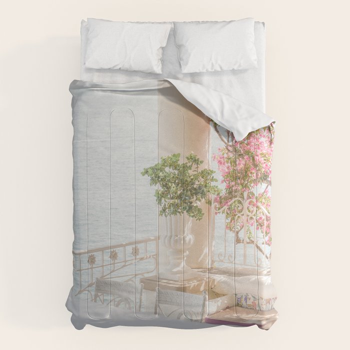 Sorrento Vibes | Balcony In Italy With Pink Flowers Photo Print | Summer Travel Photography Comforter Gallery Image 6