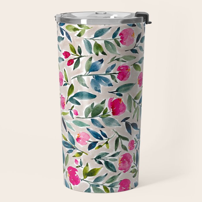 Popping Peonies - Beige Travel Mug Gallery Image 2