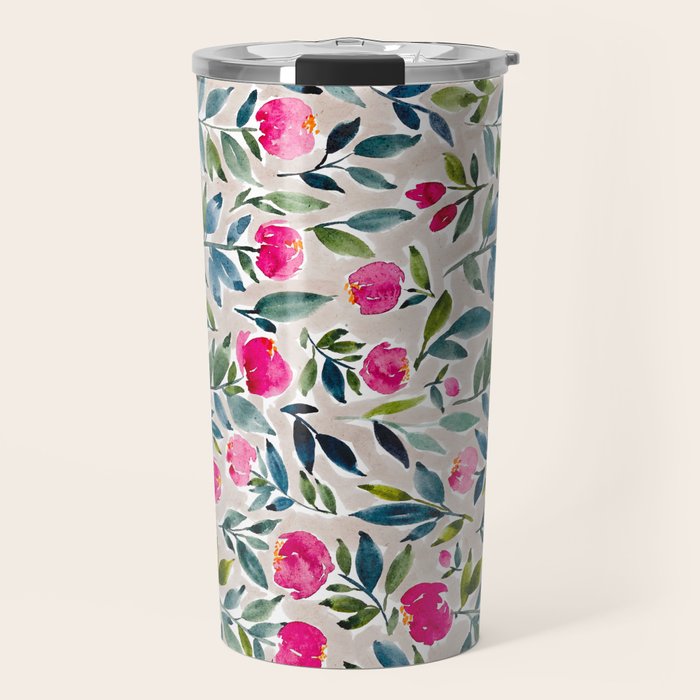 Popping Peonies - Beige Travel Mug Gallery Image 1