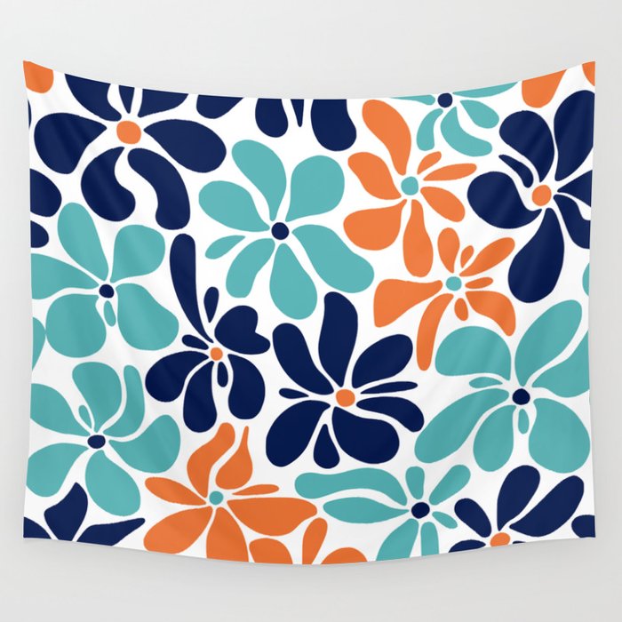 Abstract Flowers, Orange, Navy, Teal Wall Tapestry Gallery Image 4
