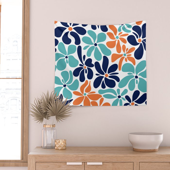 Abstract Flowers, Orange, Navy, Teal Wall Tapestry Gallery Image 2