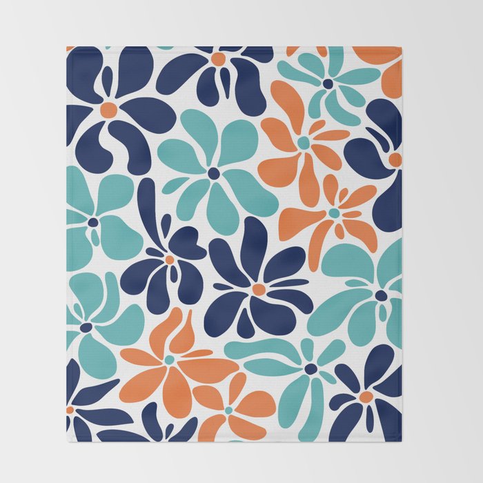 Abstract Flowers, Orange, Navy, Teal Throw Blanket Gallery Image 2