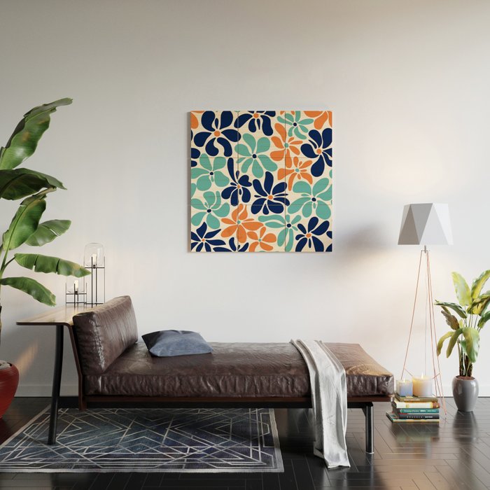 Abstract Flowers, Orange, Navy, Teal Wood Wall Art Gallery Image 2