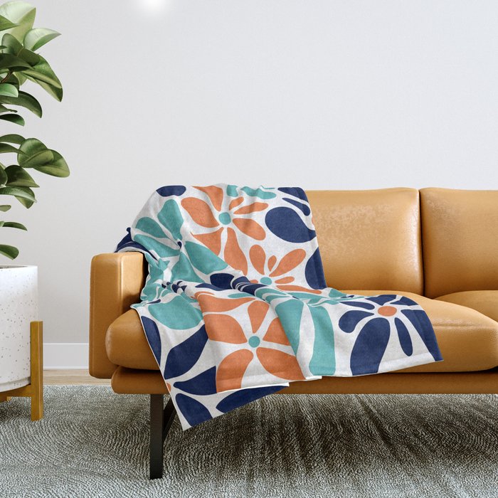 Abstract Flowers, Orange, Navy, Teal Throw Blanket Gallery Image 1