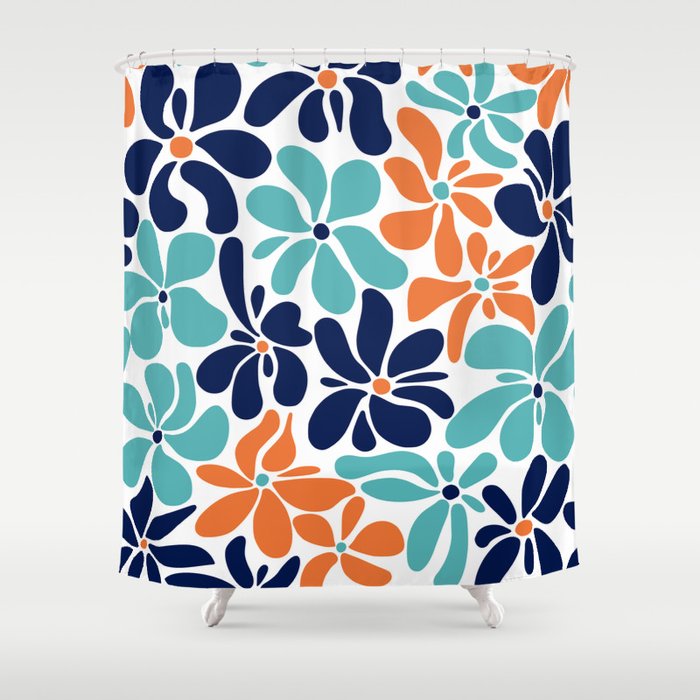 Abstract Flowers, Orange, Navy, Teal Shower Curtain Gallery Image 1