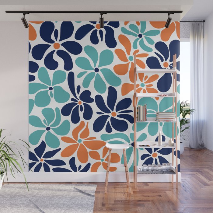 Abstract Flowers, Orange, Navy, Teal Wall Mural Gallery Image 1