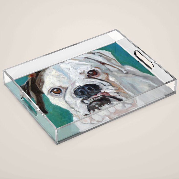 White Boxer Dog Painting Acrylic Tray Gallery Image 1