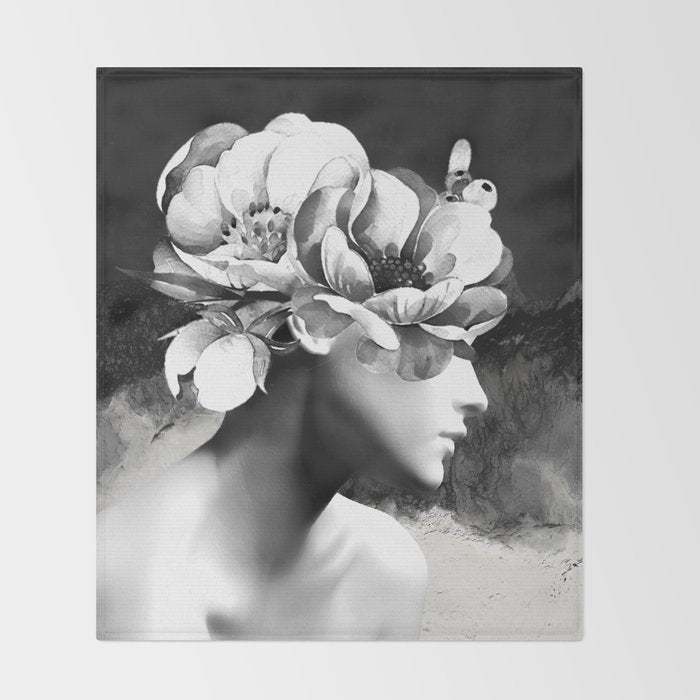 Floral Portrait-black and white Throw Blanket Gallery Image 2