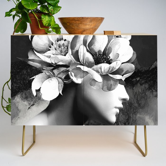 Floral Portrait-black and white Credenza Gallery Image 1