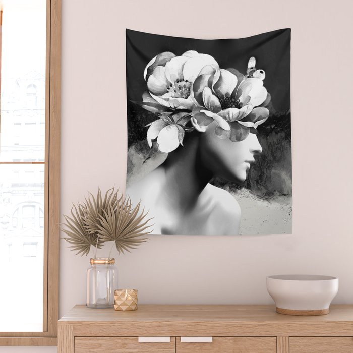 Floral Portrait-black and white Wall Tapestry Gallery Image 2