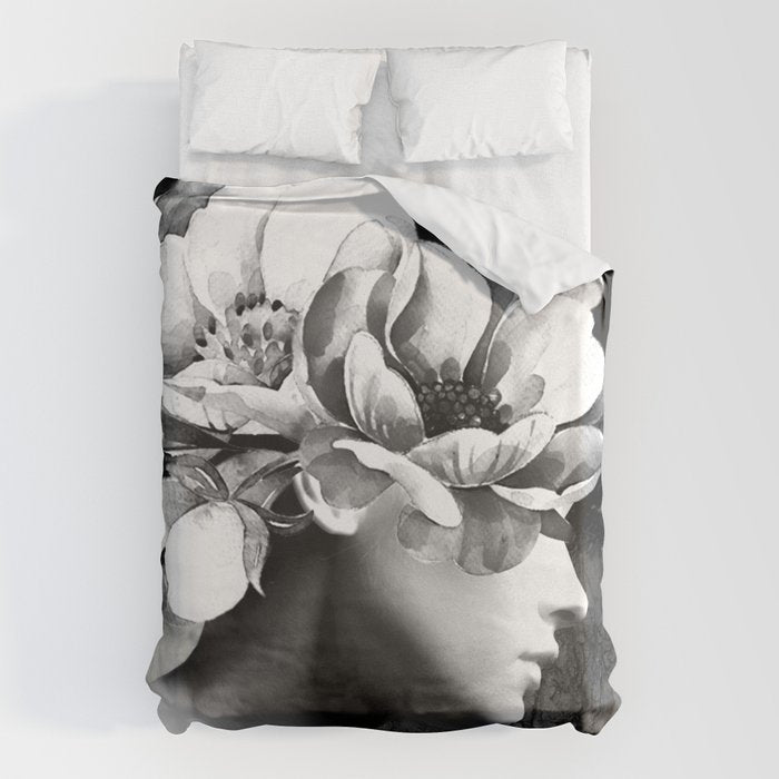 Floral Portrait-black and white Duvet Cover Gallery Image 6