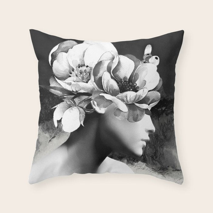 Floral Portrait-black and white Throw Pillow Gallery Image 1