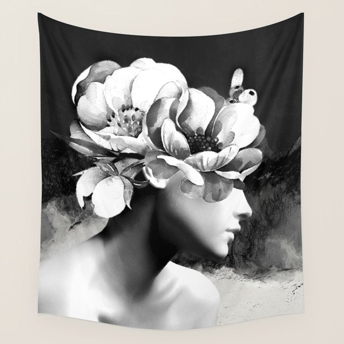 Floral Portrait-black and white Wall Tapestry Gallery Image 1