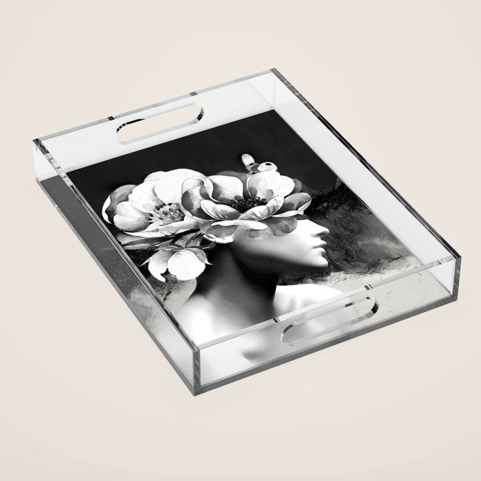 Floral Portrait-black and white Acrylic Tray Gallery Image 1