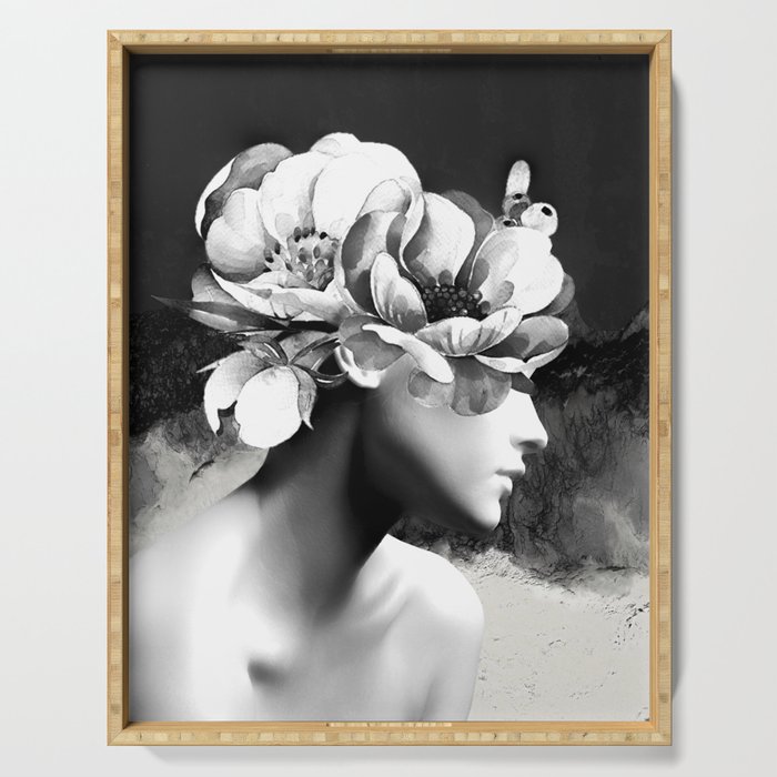 Floral Portrait-black and white Serving Tray Gallery Image 1