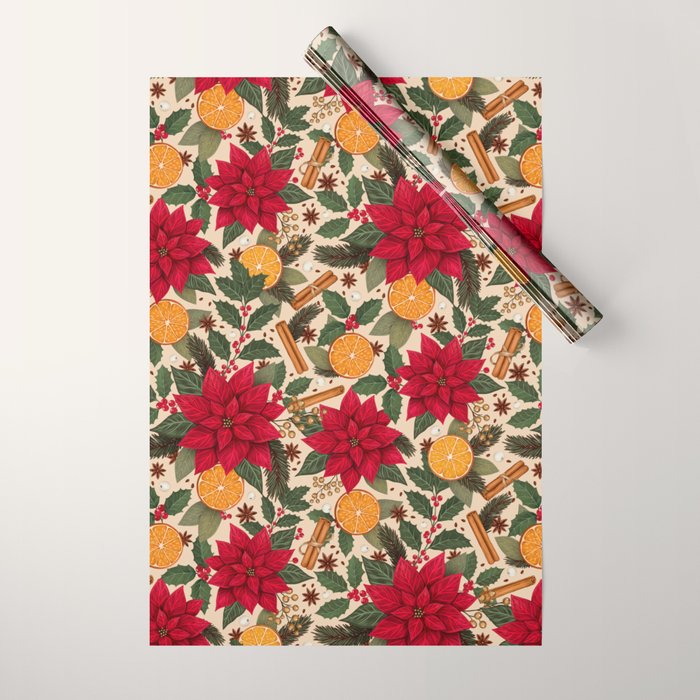 Poinsettia Flowers and Spices Wrapping Paper Gallery Image 1