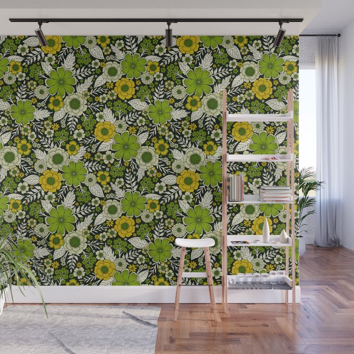 Modern Yellow & Green Floral Pattern Wall Mural Gallery Image 1