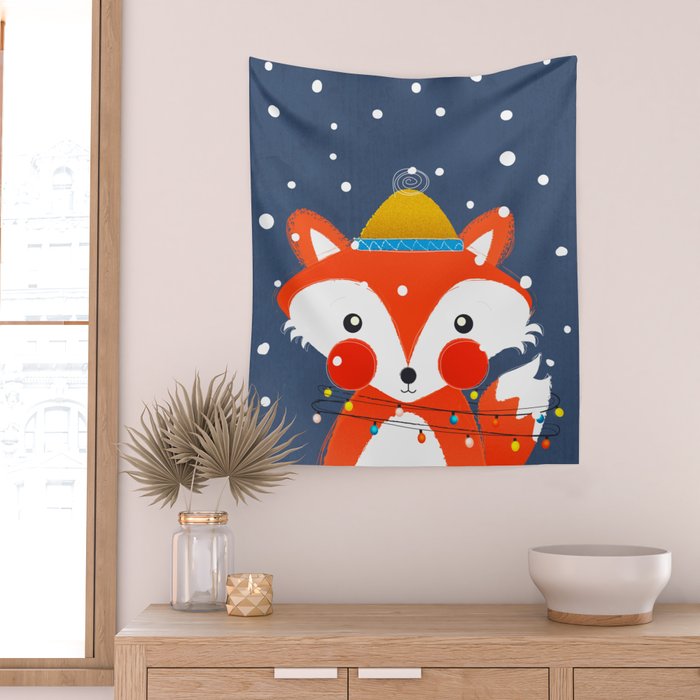Cute christmas fox in the snow Wall Tapestry Gallery Image 2